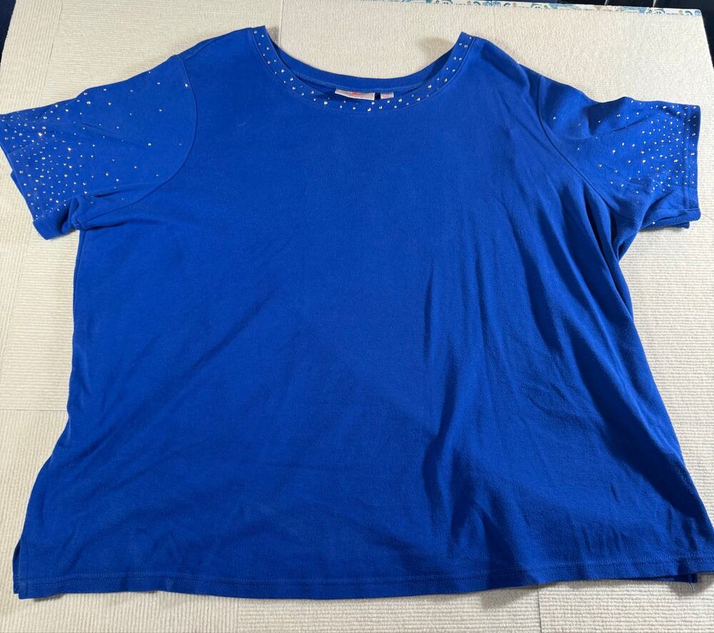 Quacker Factory Women's 3X Plus Size Short Sleeve Shirt Rhinestones Blue